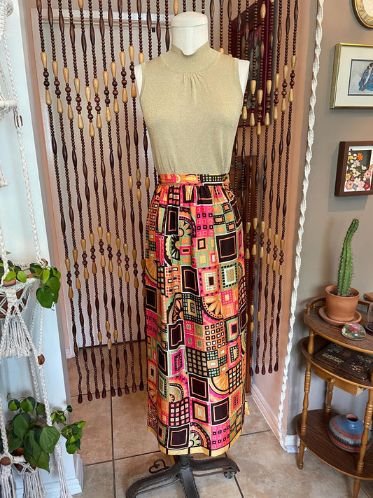 1970s Psychedelic Print Maxi Skirt: Vintage Groovy Barkcloth