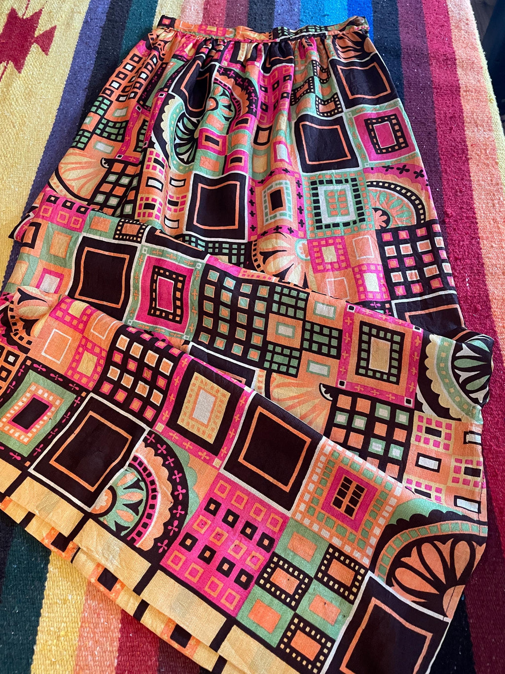 1970s Psychedelic Print Maxi Skirt: Vintage Groovy Barkcloth
