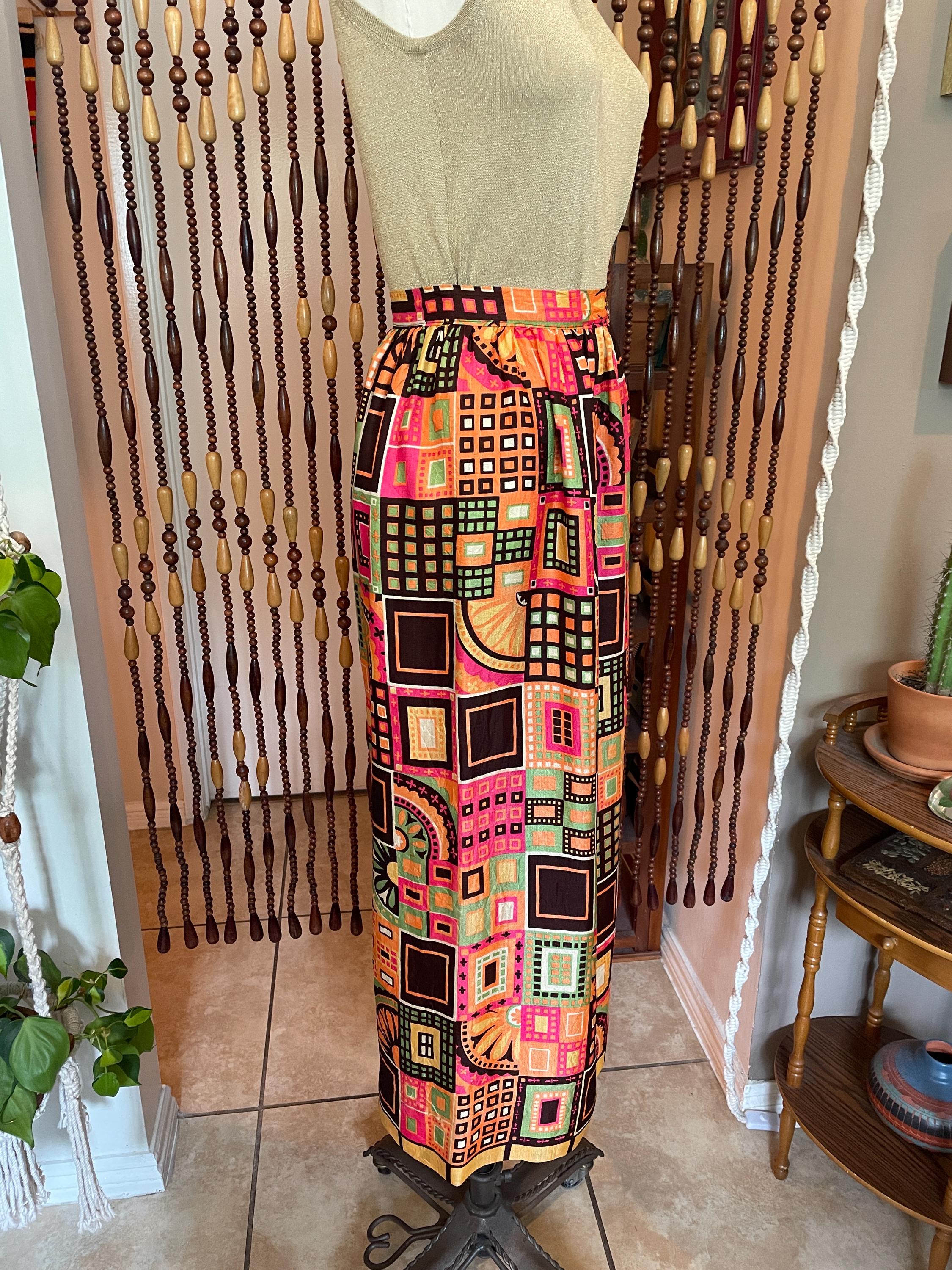 1970s Psychedelic Print Maxi Skirt: Vintage Groovy Barkcloth