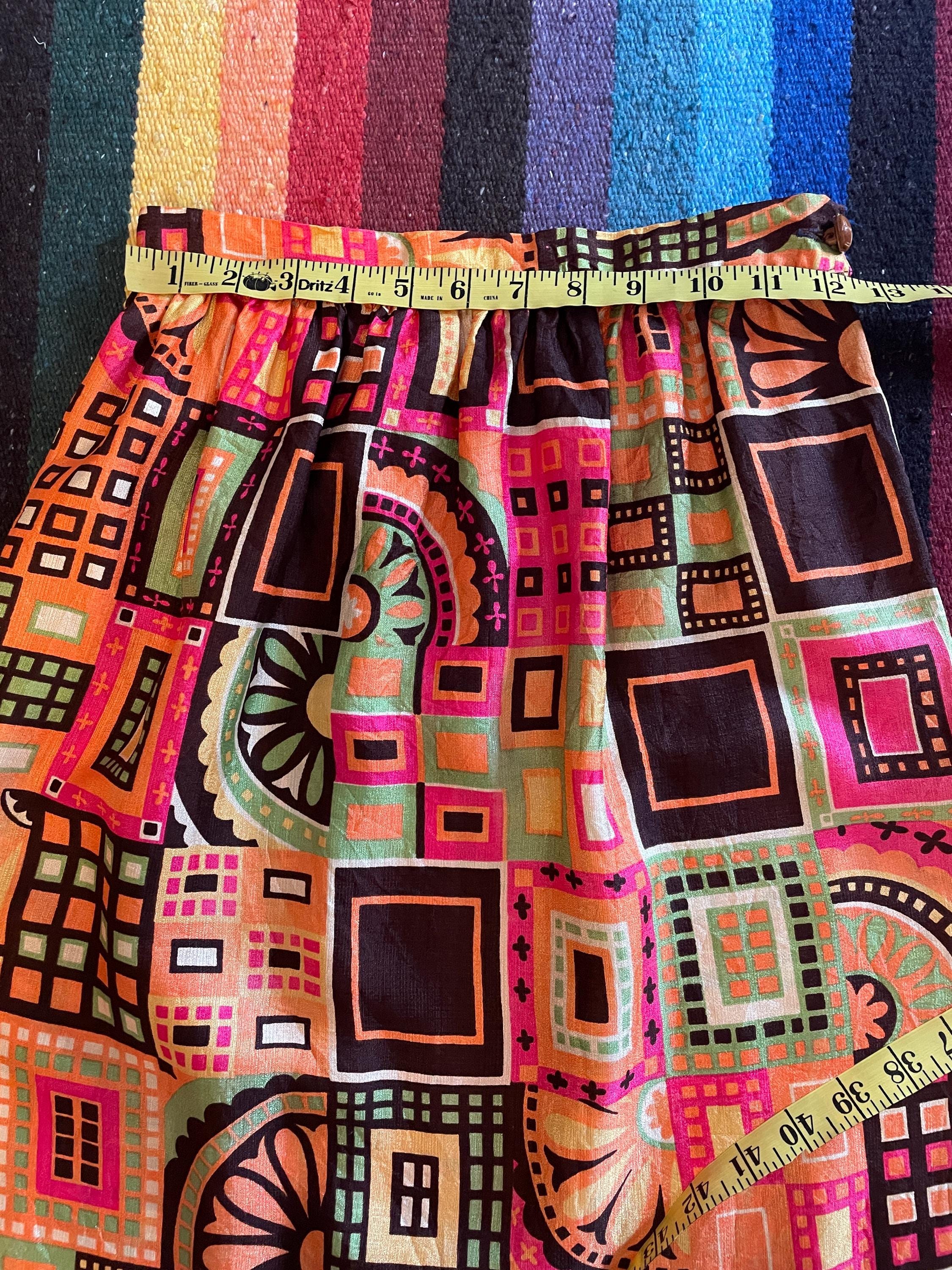 1970s Psychedelic Print Maxi Skirt: Vintage Groovy Barkcloth