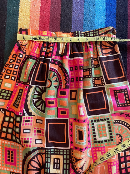 1970s Psychedelic Print Maxi Skirt: Vintage Groovy Barkcloth