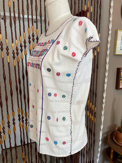 70s Mexican Embroidered Cotton Blouse: Vintage Boho Tunic Top Size 2/4