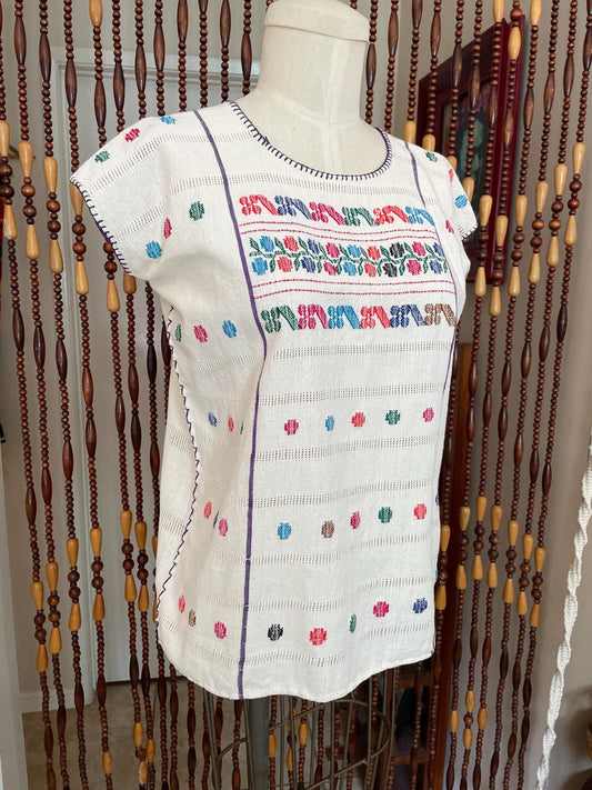 70s Mexican Embroidered Cotton Blouse: Vintage Boho Tunic Top Size 2/4
