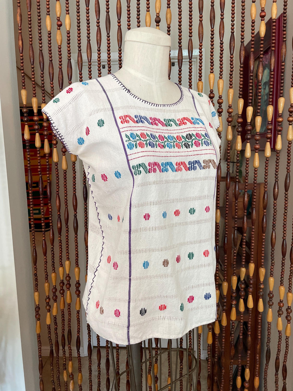 70s Mexican Embroidered Cotton Blouse: Vintage Boho Tunic Top Size 2/4
