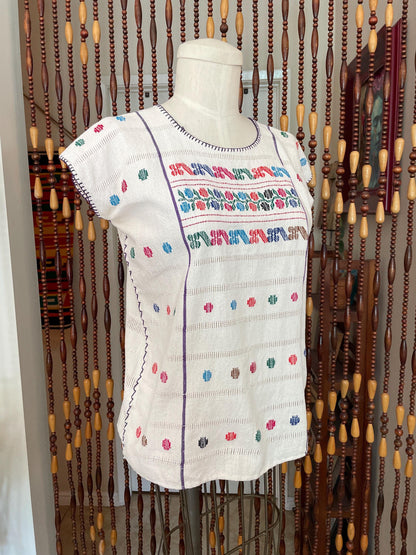 70s Mexican Embroidered Cotton Blouse: Vintage Boho Tunic Top Size 2/4