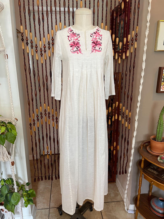 70s Embroidered Cotton Kaftan Maxi Dress: Boho Hippie Bell Sleeve Caftan