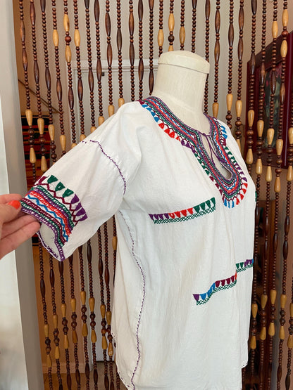 70s Embroidered Cotton Tunic Top: Vintage Boho Hippie Blouse, Size 4/6