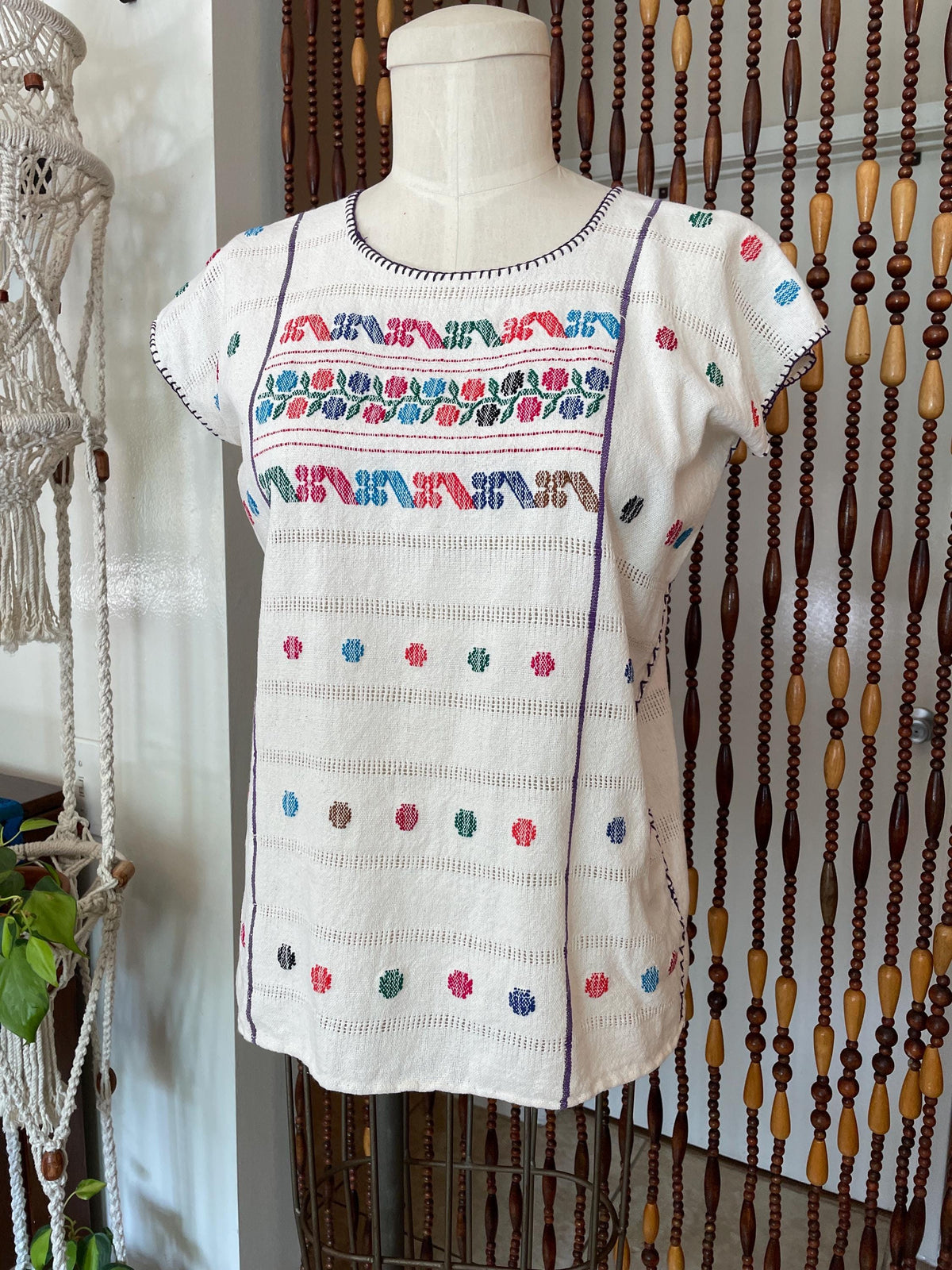 70s Mexican Embroidered Cotton Blouse: Vintage Boho Tunic Top Size 2/4