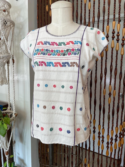 70s Mexican Embroidered Cotton Blouse: Vintage Boho Tunic Top Size 2/4